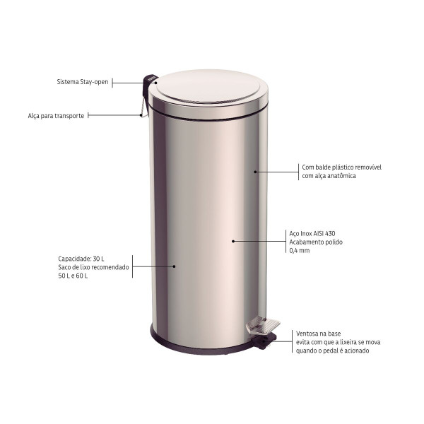 Lixeira Inox com Pedal  30 litros